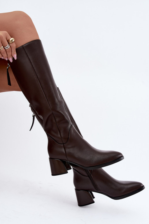 Leren lange laarzen voor dames met hakken gevoerd D&A JC62-1069 chocolade