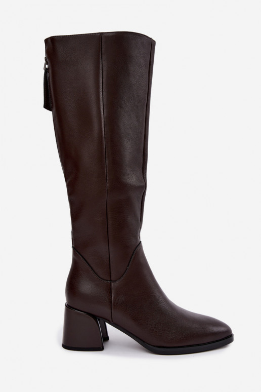 Leren lange laarzen voor dames met hakken gevoerd D&A JC62-1069 chocolade