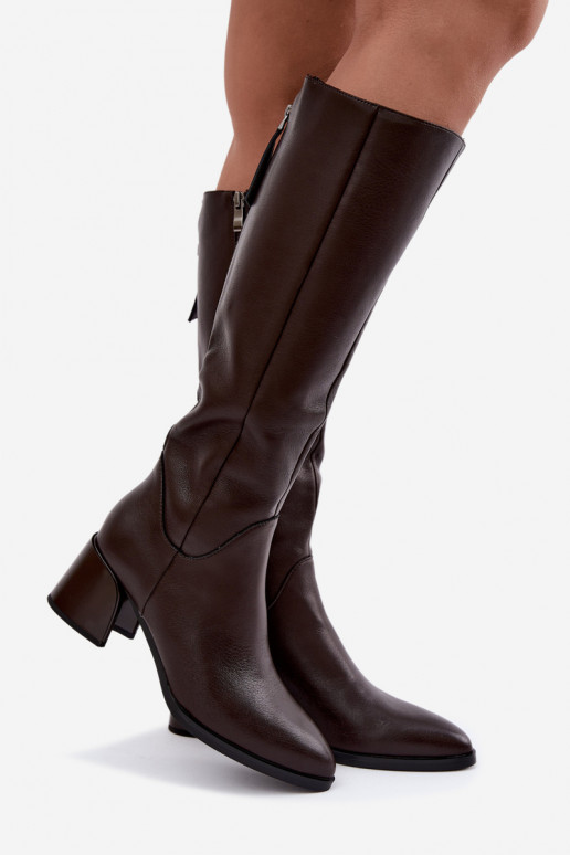 Leren lange laarzen voor dames met hakken gevoerd D&A JC62-1069 chocolade