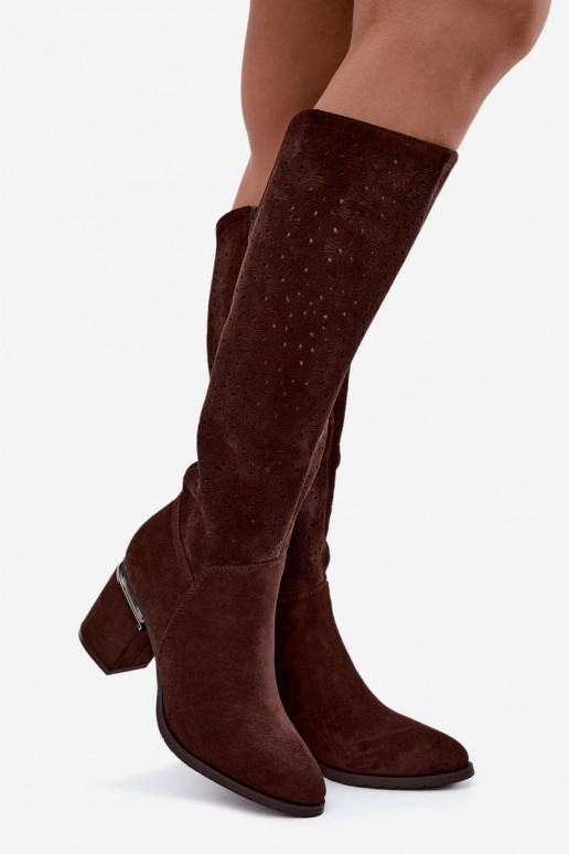 Lange laarzen met uitsnijdingen en hakken S.Barski HY62-8122 chocolade