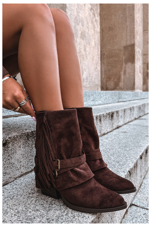 Cowboy-stijl enkellaarsjes met franjes, linten en gespen D&A CR62-3334 chocolade Corvella