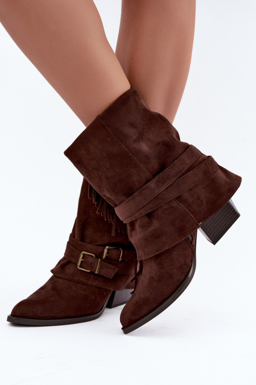 Cowboy-stijl enkellaarsjes met franjes, linten en gespen D&A CR62-3334 chocolade Corvella