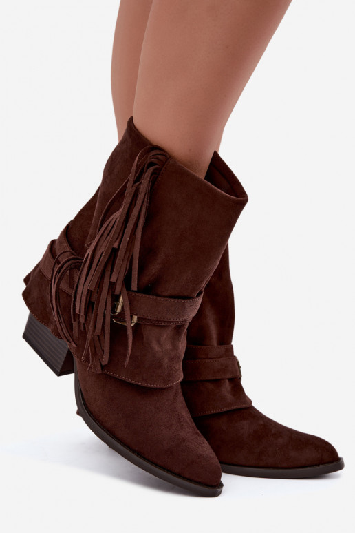 Cowboy-stijl enkellaarsjes met franjes, linten en gespen D&A CR62-3334 chocolade Corvella