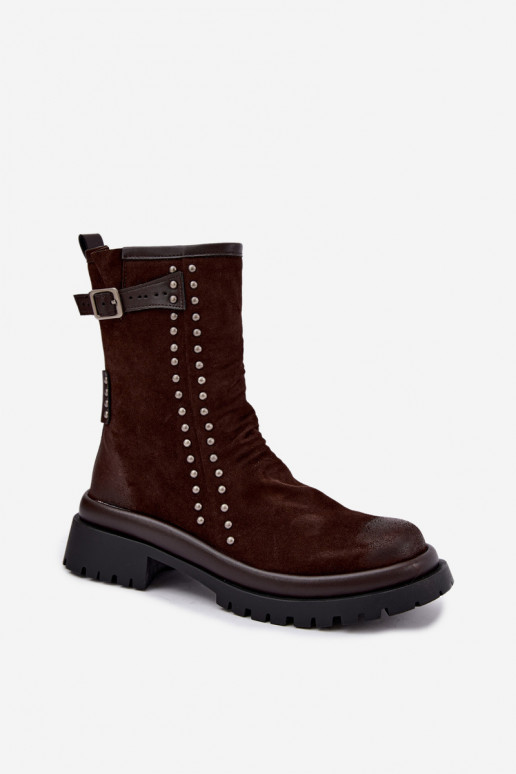Warme enkellaarsjes van faux suede met gespen in chocolade Tai turiciejka K7727-02