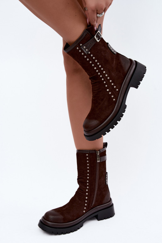Warme enkellaarsjes van faux suede met gespen in chocolade Tai turiciejka K7727-02