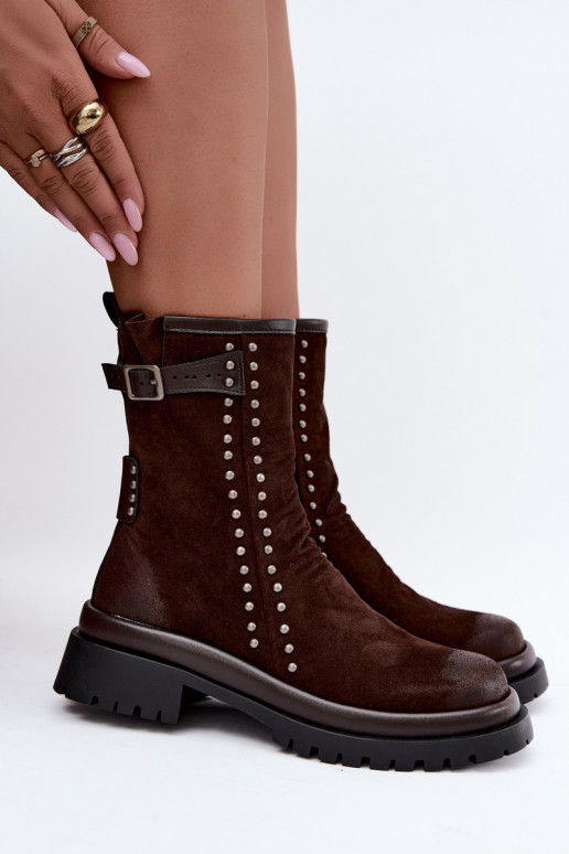 Warme enkellaarsjes van faux suede met gespen in chocolade Tai turiciejka K7727-02