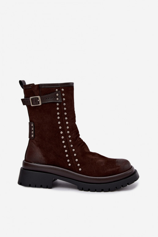 Warme enkellaarsjes van faux suede met gespen in chocolade Tai turiciejka K7727-02