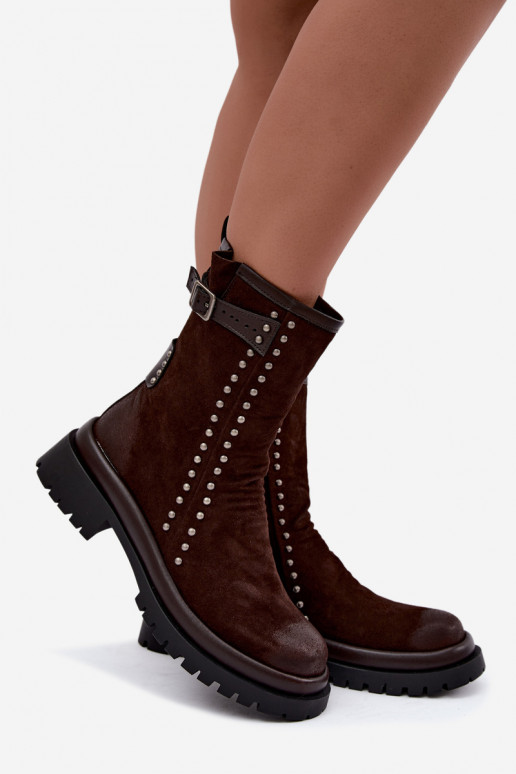 Warme enkellaarsjes van faux suede met gespen in chocolade Tai turiciejka K7727-02