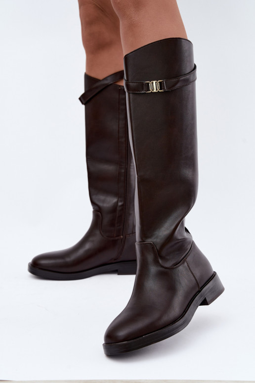 Dames kniehoog laarzen met brede hakken en decoratieve riemen in chocolade kleur Tarelle