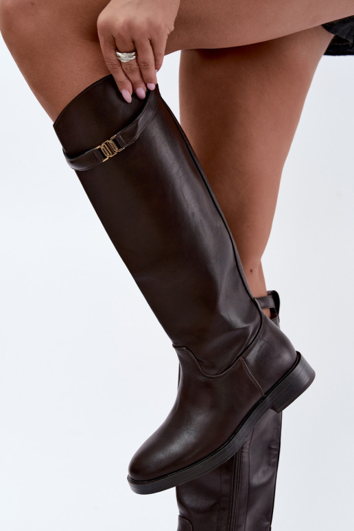 Dames kniehoog laarzen met brede hakken en decoratieve riemen in chocolade kleur Tarelle
