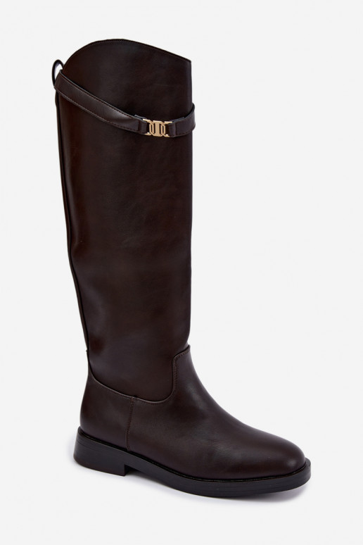 Dames kniehoog laarzen met brede hakken en decoratieve riemen in chocolade kleur Tarelle