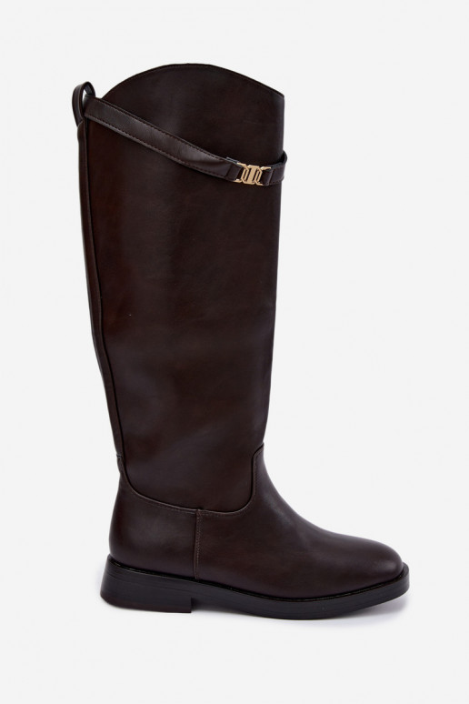 Dames kniehoog laarzen met brede hakken en decoratieve riemen in chocolade kleur Tarelle