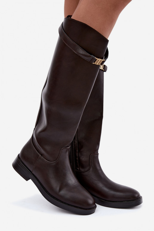Dames kniehoog laarzen met brede hakken en decoratieve riemen in chocolade kleur Tarelle