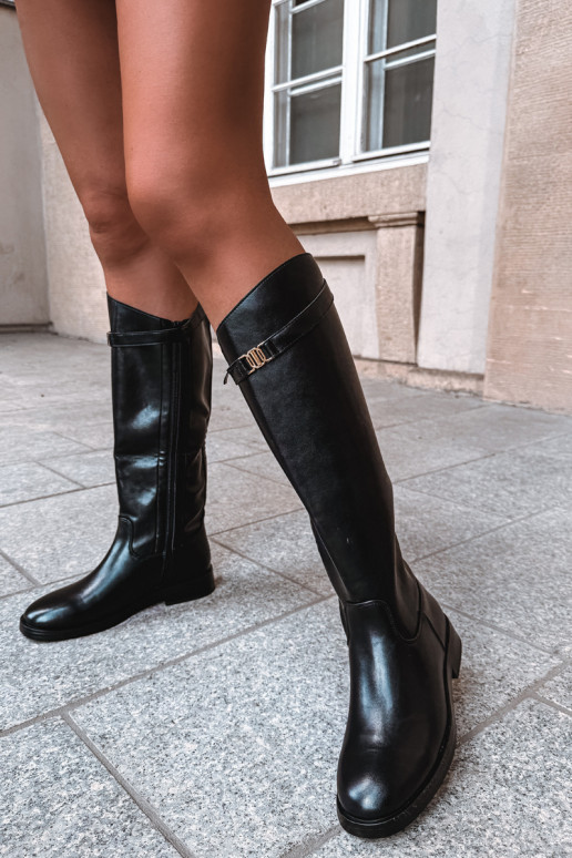 Zwarte dames kniehoog laarzen met brede hakken en decoratieve riemen Tarelle