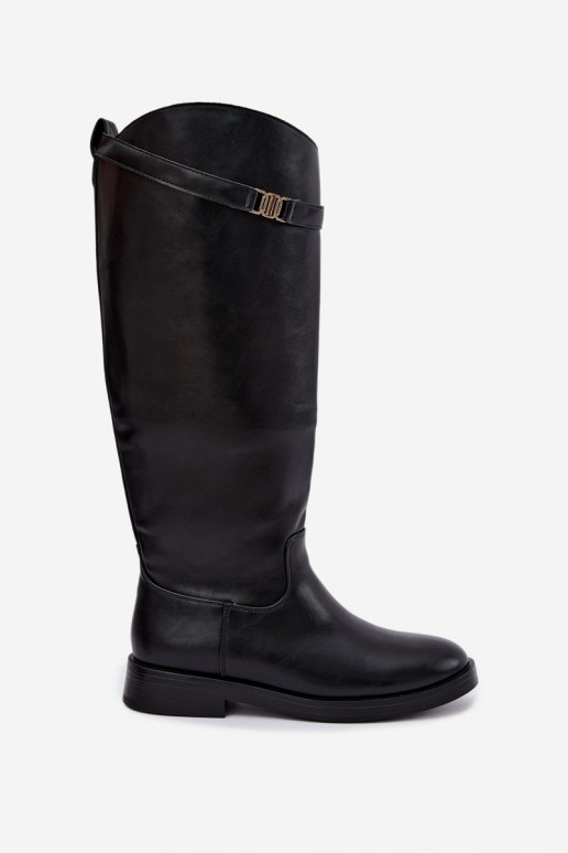 Zwarte dames kniehoog laarzen met brede hakken en decoratieve riemen Tarelle