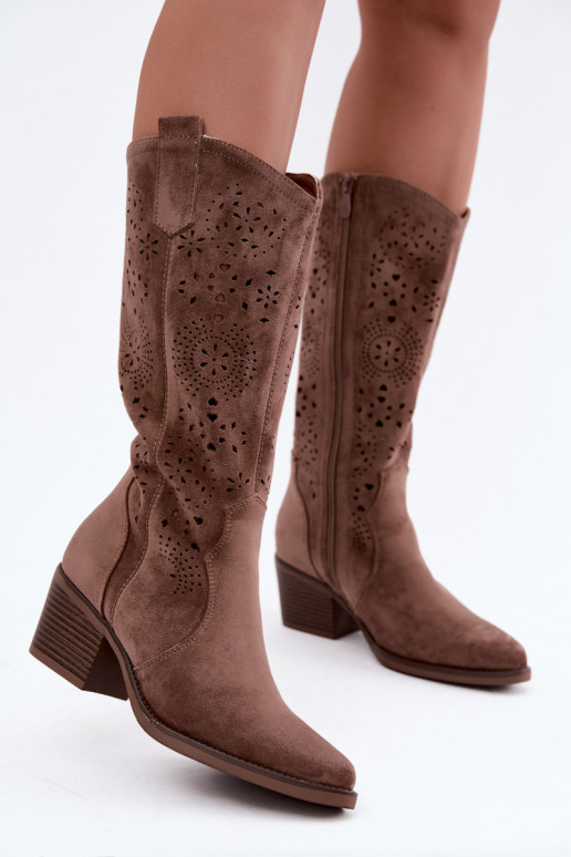 Garena bruine cowboy-stijl lange laarzen met uitsparingen