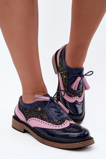 Dames leren schoenen met veters en kwastjes Tai turiciejka K7816-17 in donkerblauw