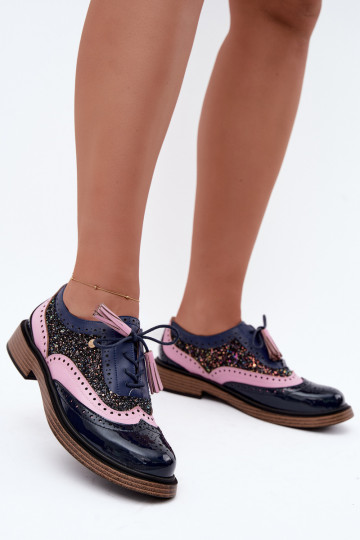 Dames leren schoenen met veters en kwastjes Tai turiciejka K7816-17 in donkerblauw 2