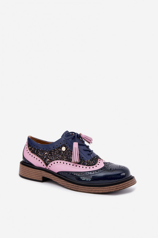 Dames leren schoenen met veters en kwastjes Tai turiciejka K7816-17 in donkerblauw