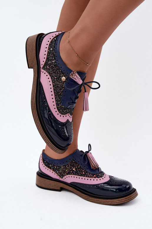 Dames leren schoenen met veters en kwastjes Tai turiciejka K7816-17 in donkerblauw