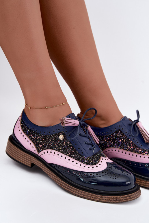 Dames leren schoenen met veters en kwastjes Tai turiciejka K7816-17 in donkerblauw
