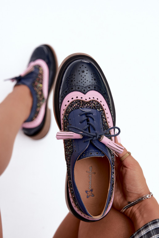 Dames leren schoenen met veters en kwastjes Tai turiciejka K7816-17 in donkerblauw