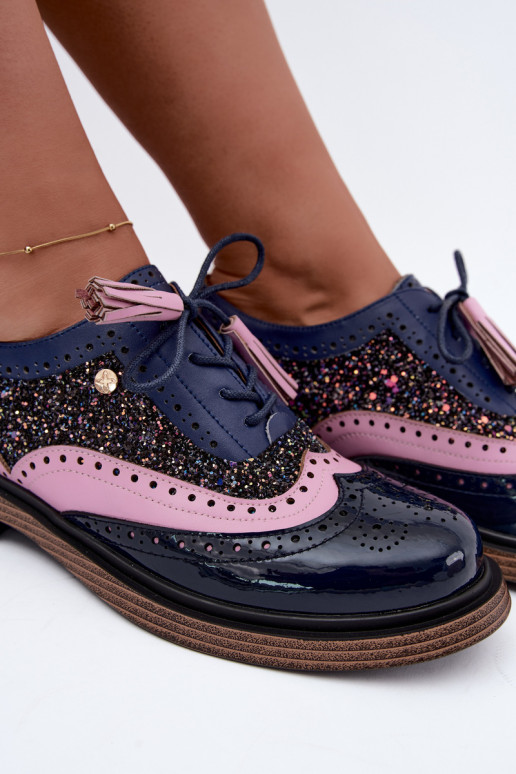 Dames leren schoenen met veters en kwastjes Tai turiciejka K7816-17 in donkerblauw