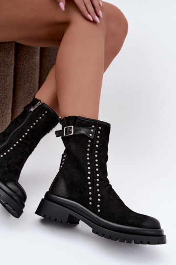 Geïsoleerde dames enkellaarsjes van faux suede met gespen Tai turiciejka K7727-01 in zwart