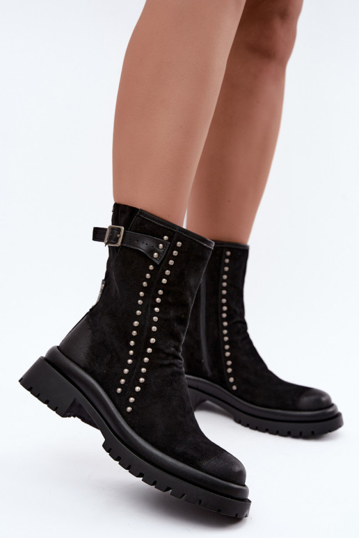 Geïsoleerde dames enkellaarsjes van faux suede met gespen Tai turiciejka K7727-01 in zwart