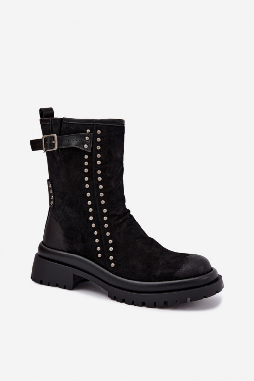 Geïsoleerde dames enkellaarsjes van faux suede met gespen Tai turiciejka K7727-01 in zwart