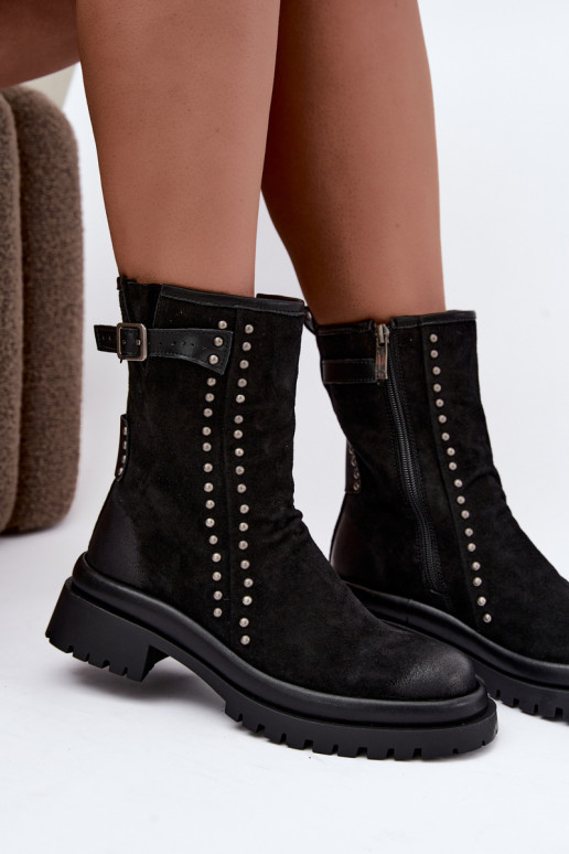 Geïsoleerde dames enkellaarsjes van faux suede met gespen Tai turiciejka K7727-01 in zwart