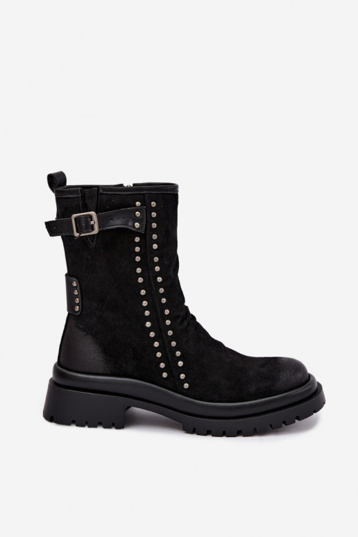 Geïsoleerde dames enkellaarsjes van faux suede met gespen Tai turiciejka K7727-01 in zwart
