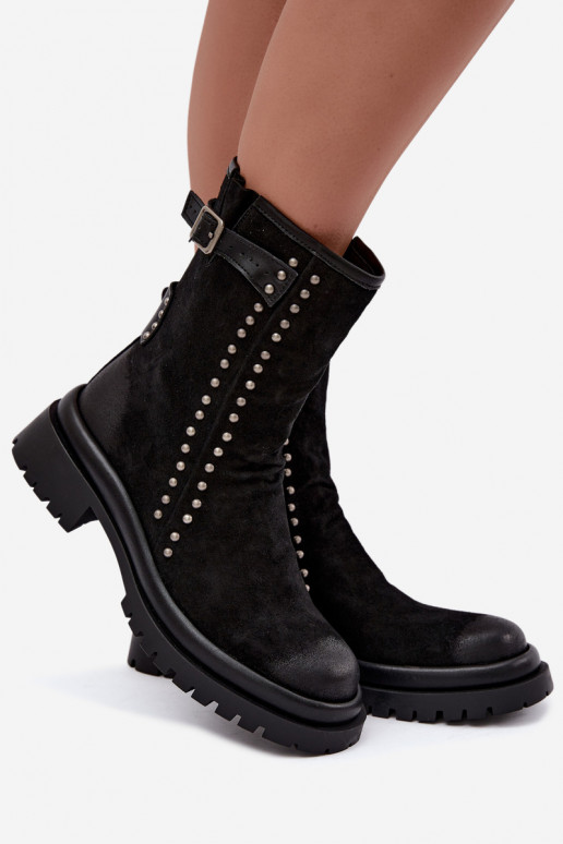 Geïsoleerde dames enkellaarsjes van faux suede met gespen Tai turiciejka K7727-01 in zwart