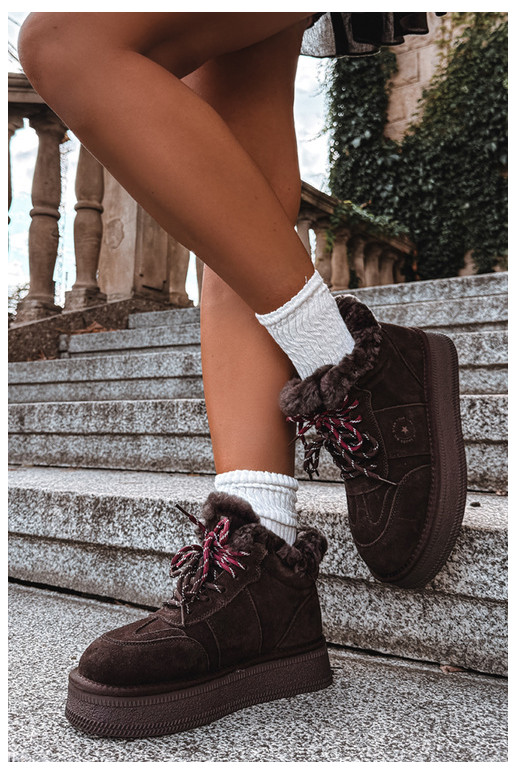 faux suede sneeuwschoenen voor dames met veters Big Star UU274312 in chocoladekleur
