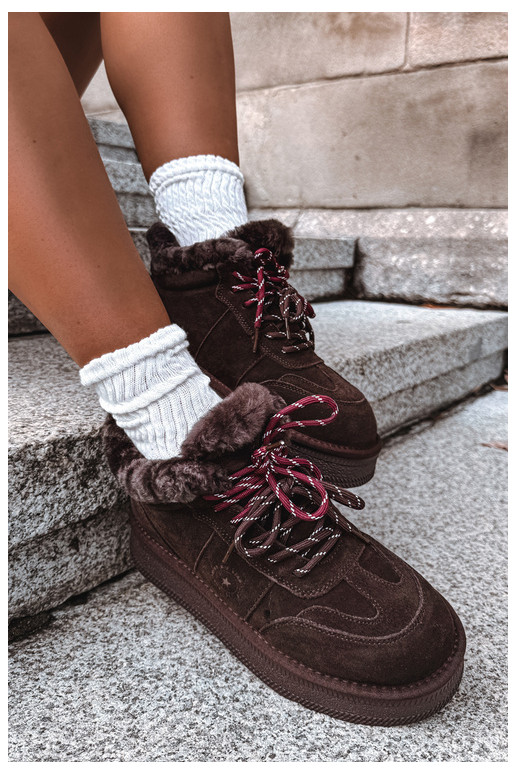 faux suede sneeuwschoenen voor dames met veters Big Star UU274312 in chocoladekleur