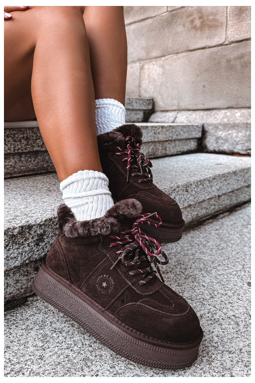 faux suede sneeuwschoenen voor dames met veters Big Star UU274312 in chocoladekleur