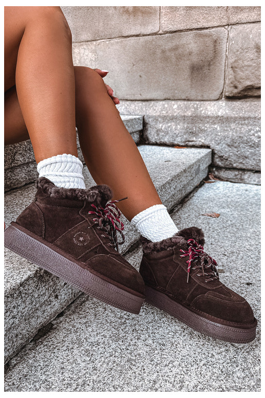 faux suede sneeuwschoenen voor dames met veters Big Star UU274312 in chocoladekleur