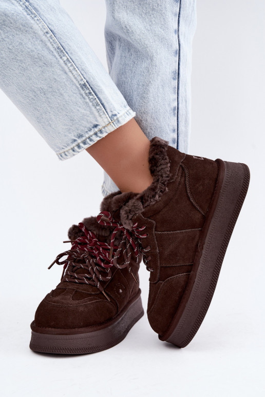 faux suede sneeuwschoenen voor dames met veters Big Star UU274312 in chocoladekleur