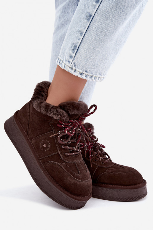 faux suede sneeuwschoenen voor dames met veters Big Star UU274312 in chocoladekleur