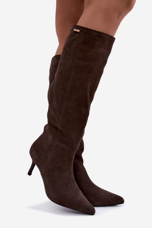faux suede lange laarzen met dunne hakken geïsoleerd instapmodel Big Star UU274495 in donkerbruin