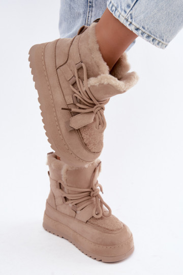 Zandkleurige veterschoenen voor de winter op platform Coraliah