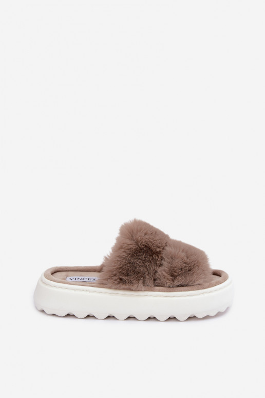 Dames slippers met bont op een dikkere zool Vinceza 105105 zandkleur