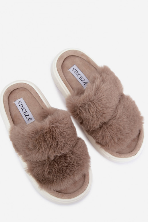 Dames slippers met bont op een dikkere zool Vinceza 105105 zandkleur