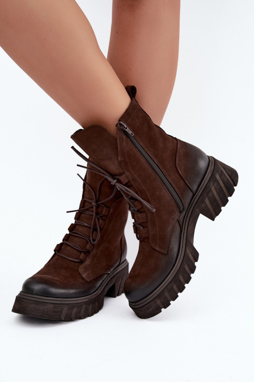 Leren dames werk enkellaarsjes Zazoo 1850 chocolade