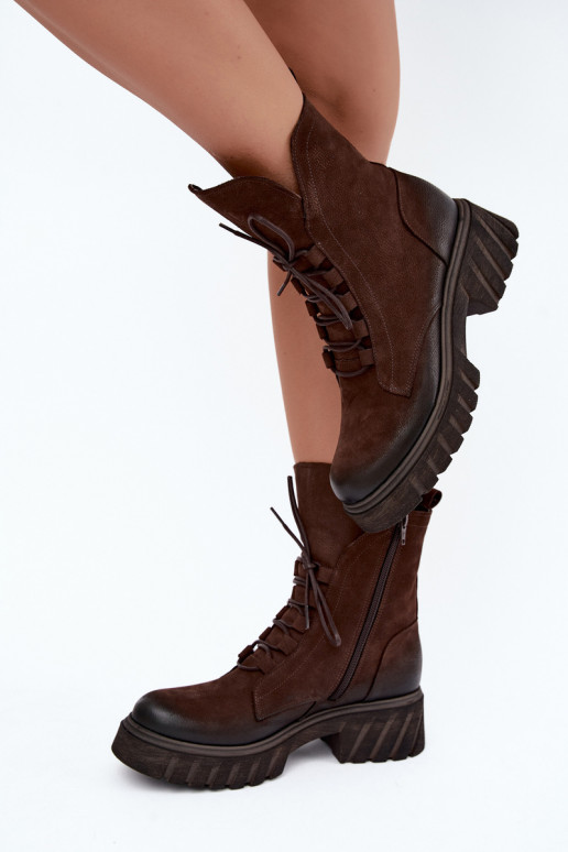 Leren dames werk enkellaarsjes Zazoo 1850 chocolade