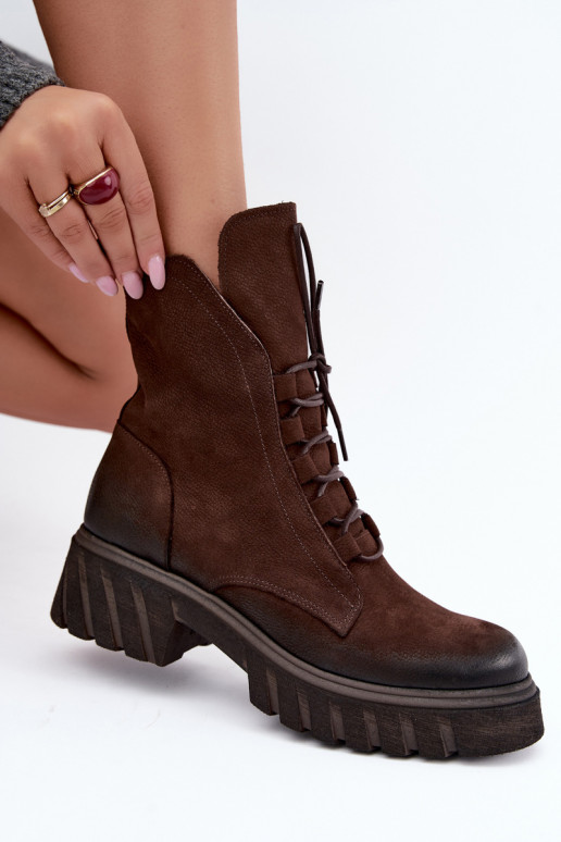 Leren dames werk enkellaarsjes Zazoo 1850 chocolade