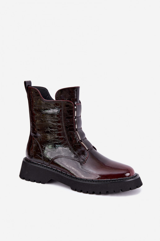 Gevoerde dames enkellaarsjes met lak effect T.Sokolski Z26-501 bordeaux
