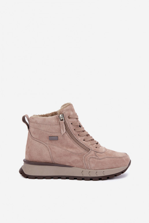 Gevoerde dames enkellaarsjes van faux suede zandkleur Alirella