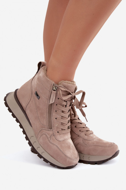Gevoerde dames enkellaarsjes van faux suede zandkleur Alirella