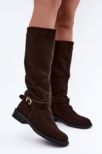 Kniehoge laarzen van faux suede met gespen Vinceza Czekolado